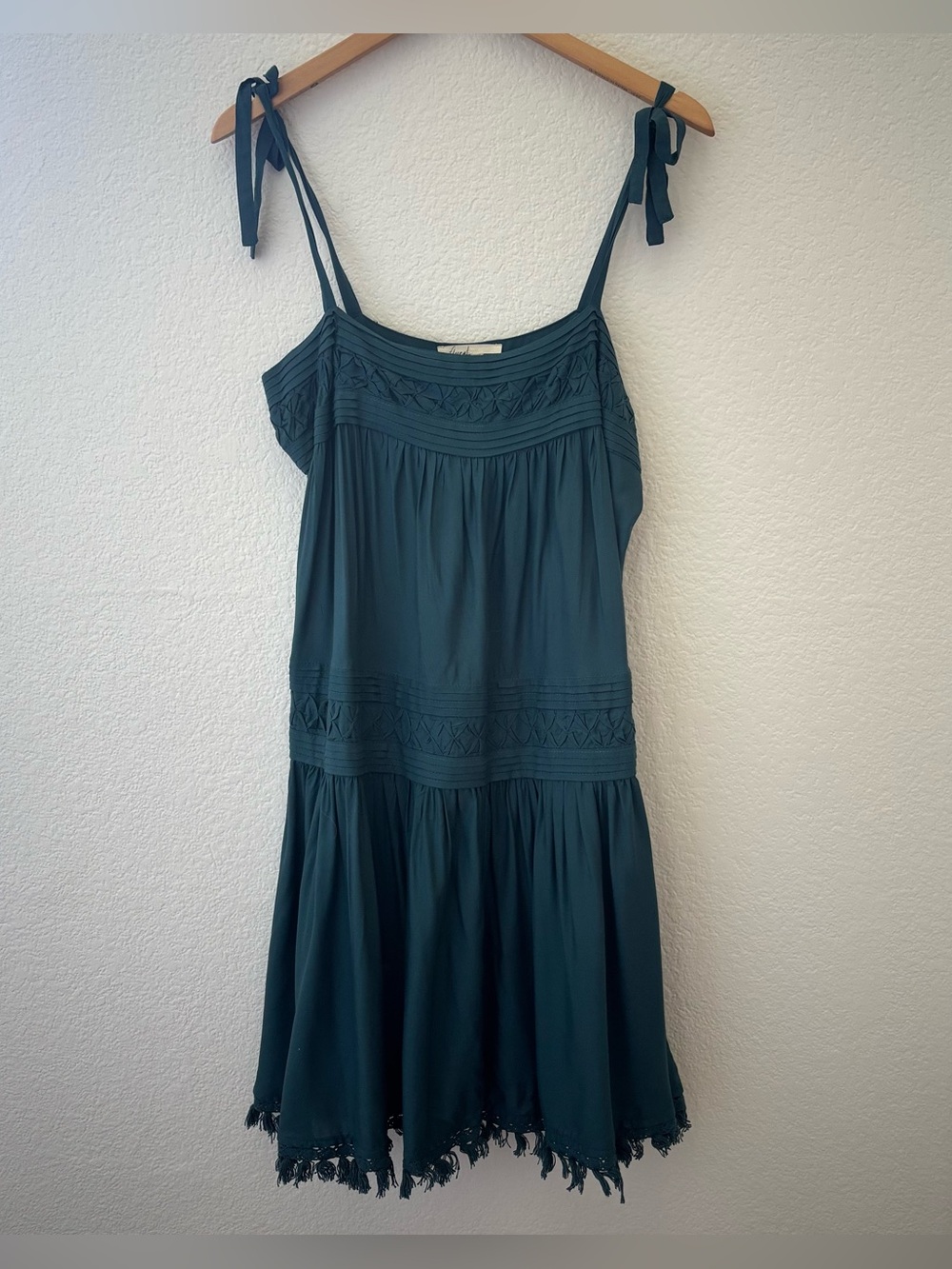 Anthropologie Floreat teal blue Senna dress tie shoulders tassel hem size Medium